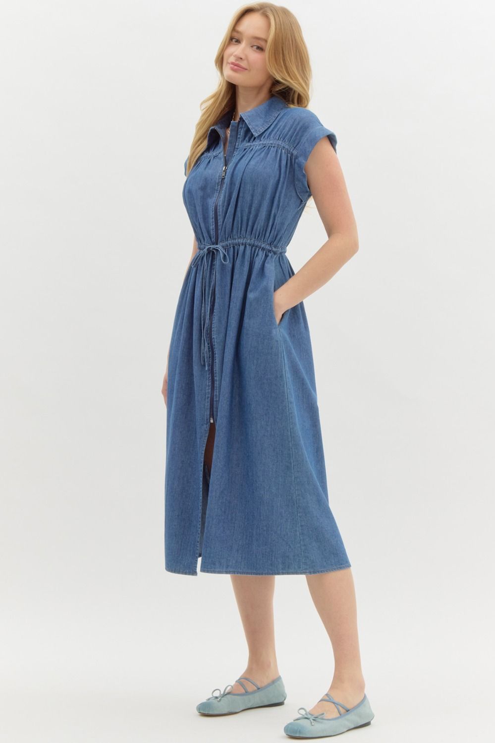 Denim Ruched Yoke Dress