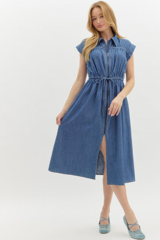 Denim Ruched Yoke Dress