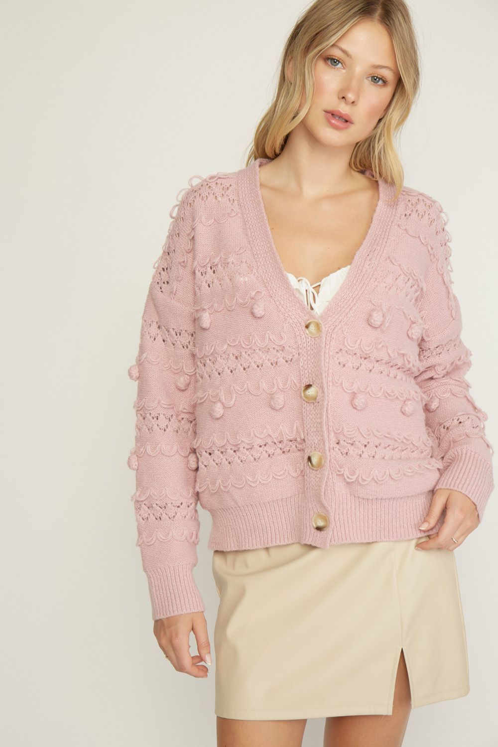 Button front cardigan with textured detailing