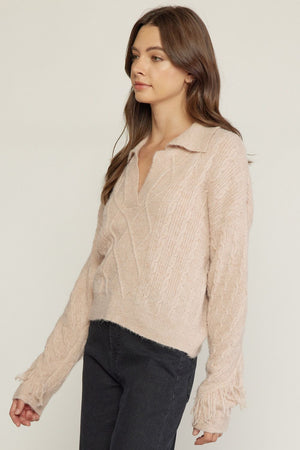 Cable knit collared long sleeve top with fringe