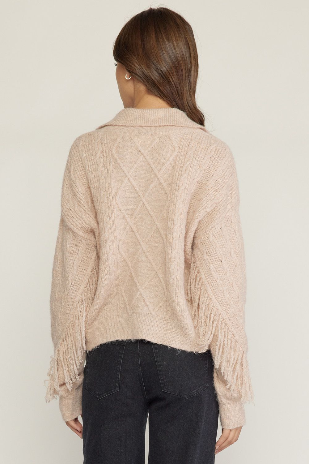 Cable knit collared long sleeve top with fringe