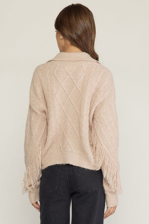 Cable knit collared long sleeve top with fringe