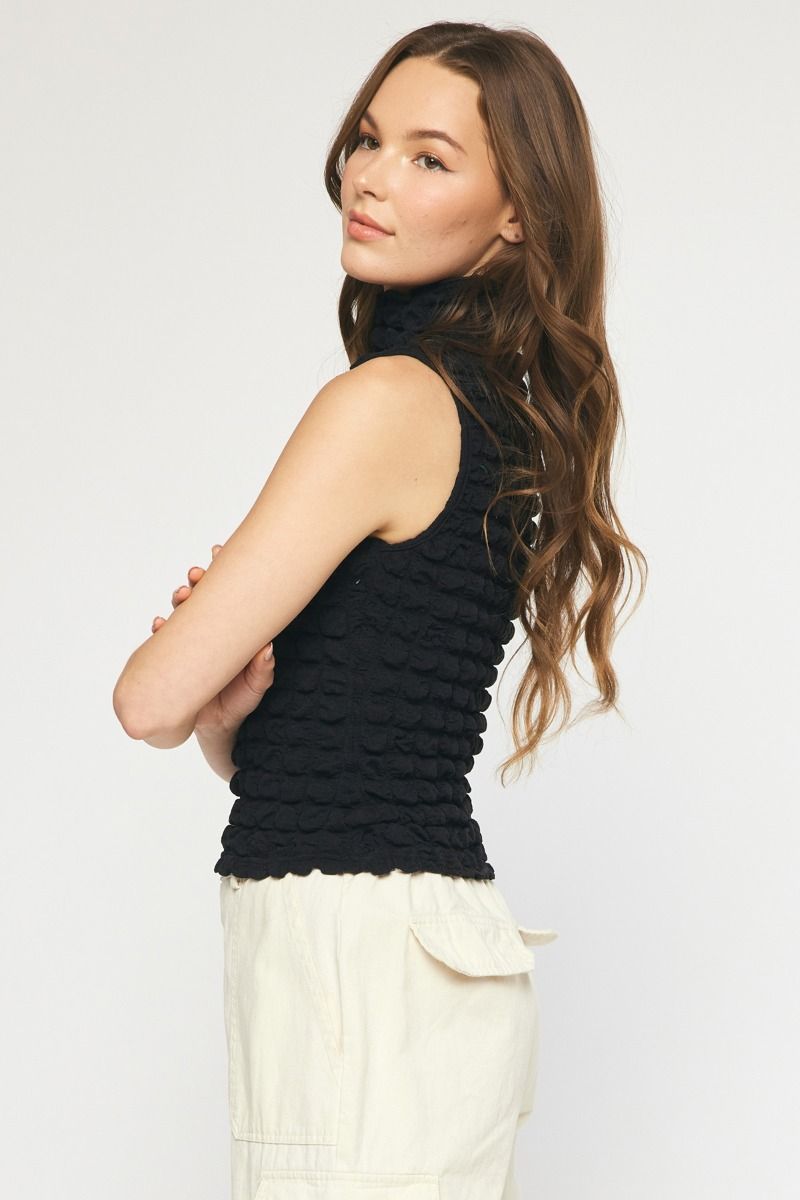 Textured sleeveless turtleneck top