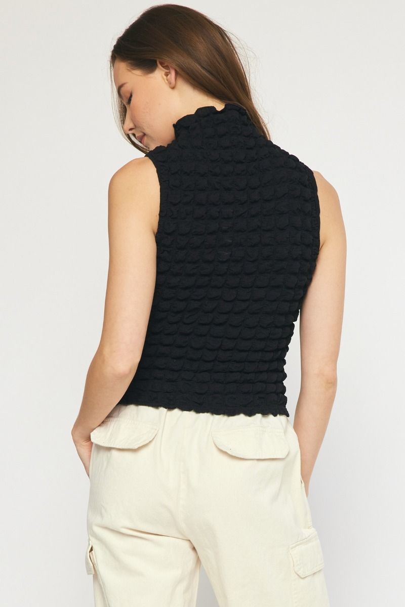 Textured sleeveless turtleneck top