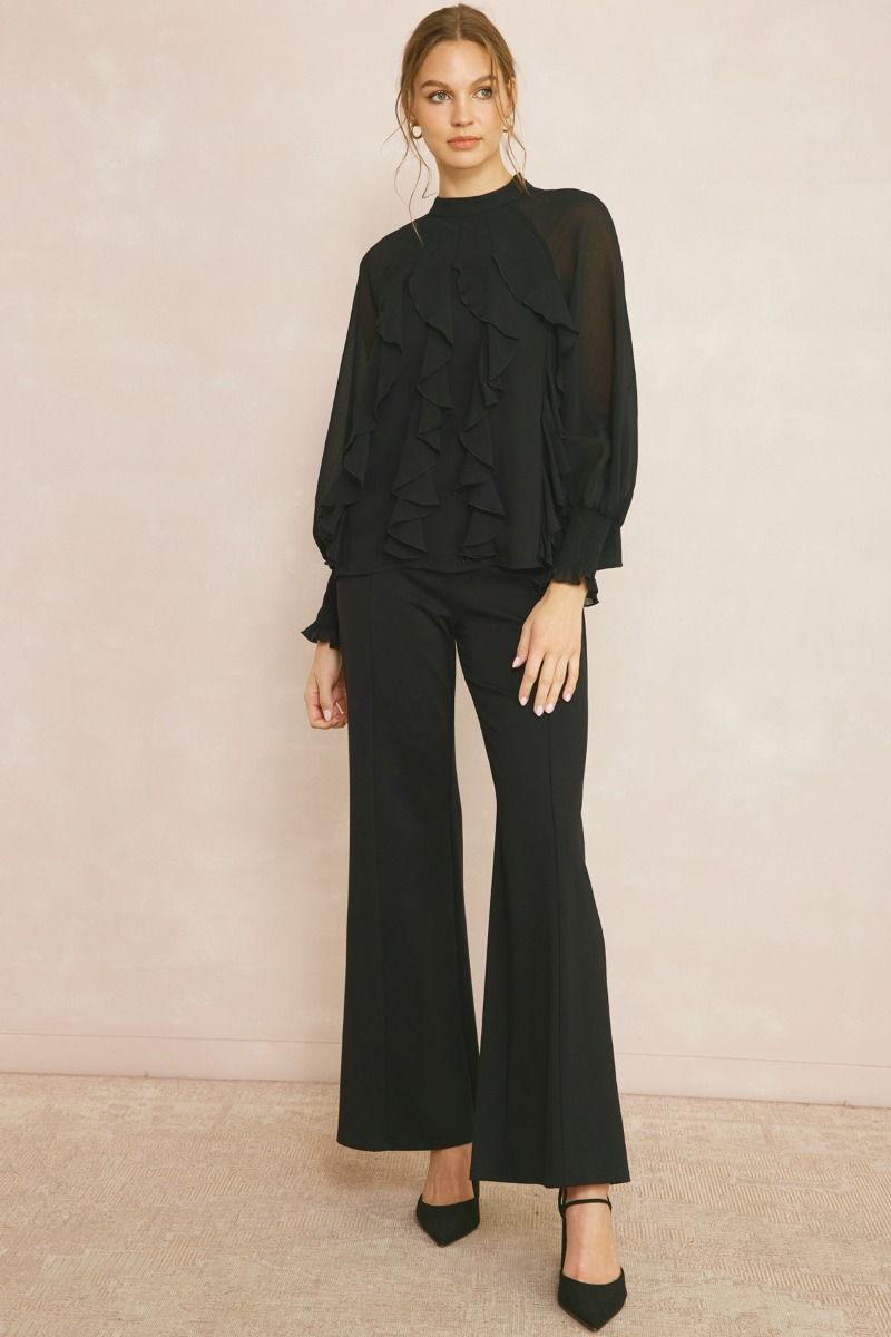Mock neck long sleeve top with ruffles