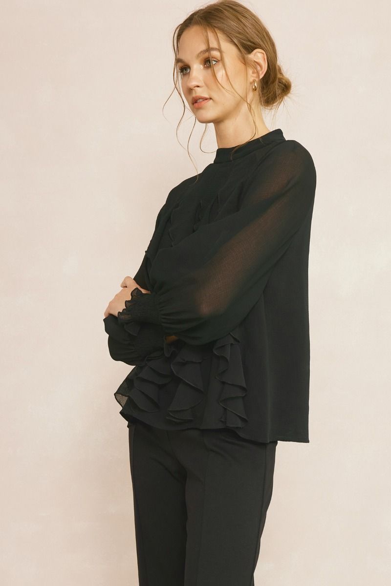 Mock neck long sleeve top with ruffles