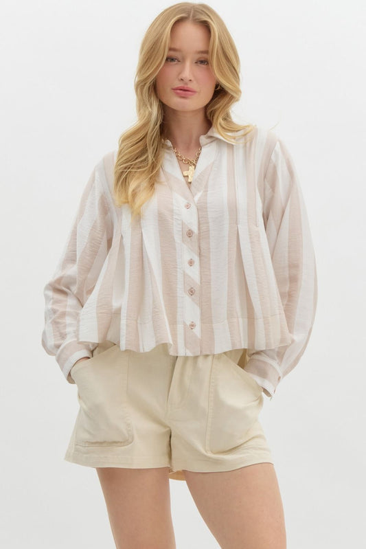 Striped Pleated Long Sleeve - Taupe