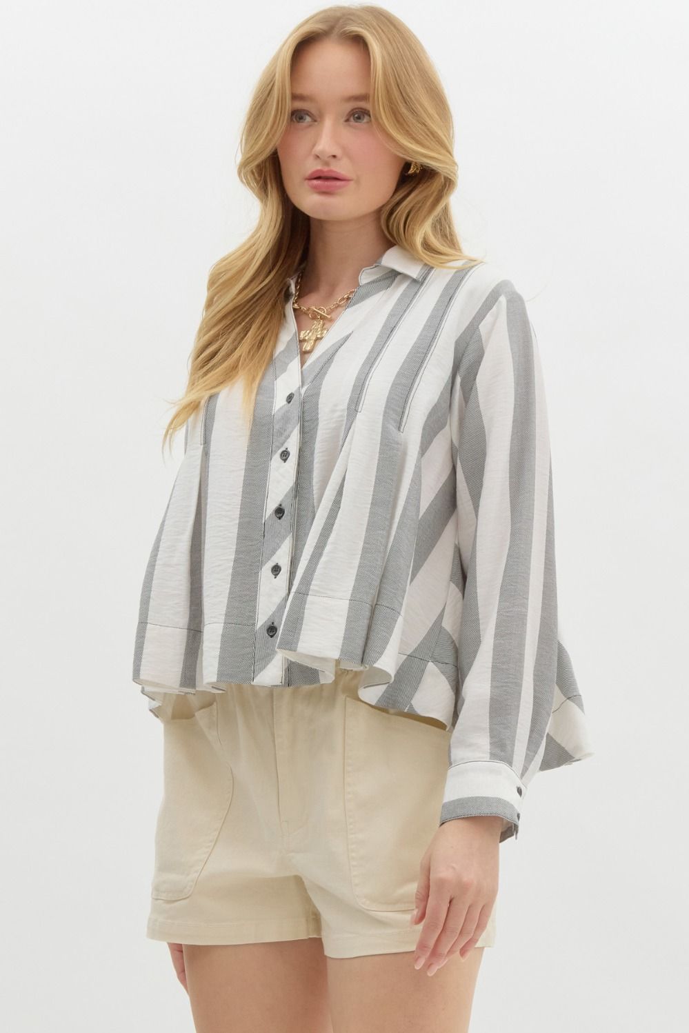 Striped Pleated Long Sleeve - Black