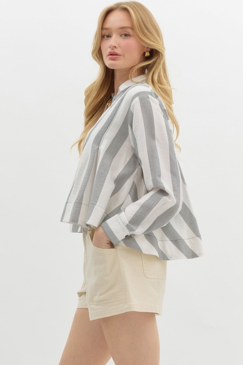 Striped Pleated Long Sleeve - Black