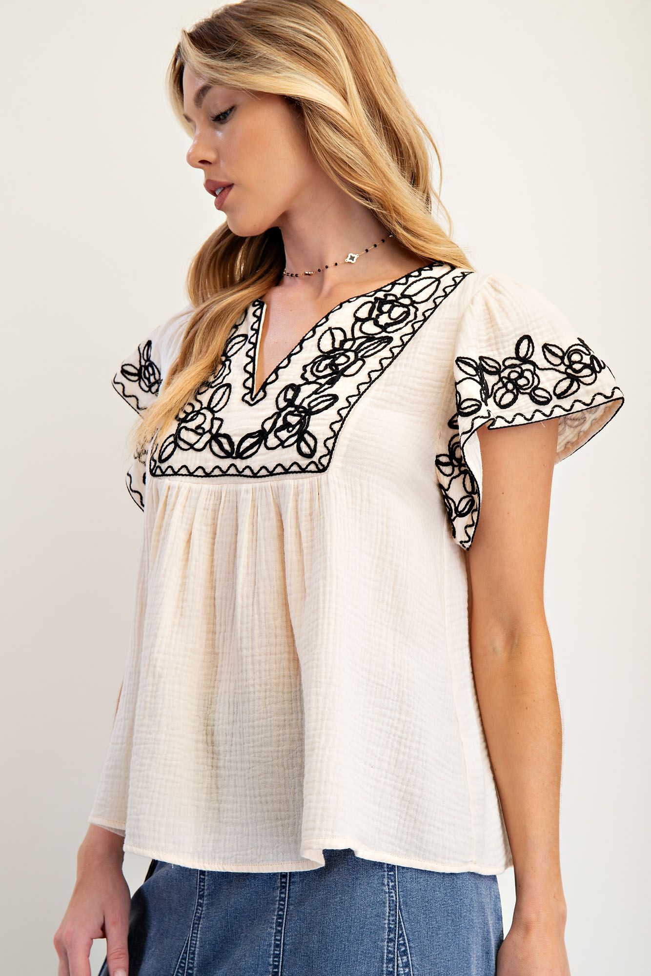 Embroidered Cotton Gauze Top (S-3X)