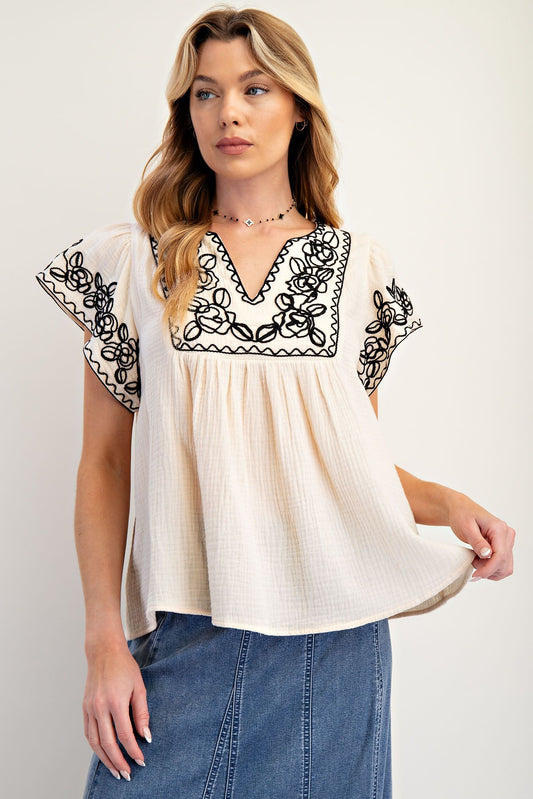 Embroidered Cotton Gauze Top (S-3X)