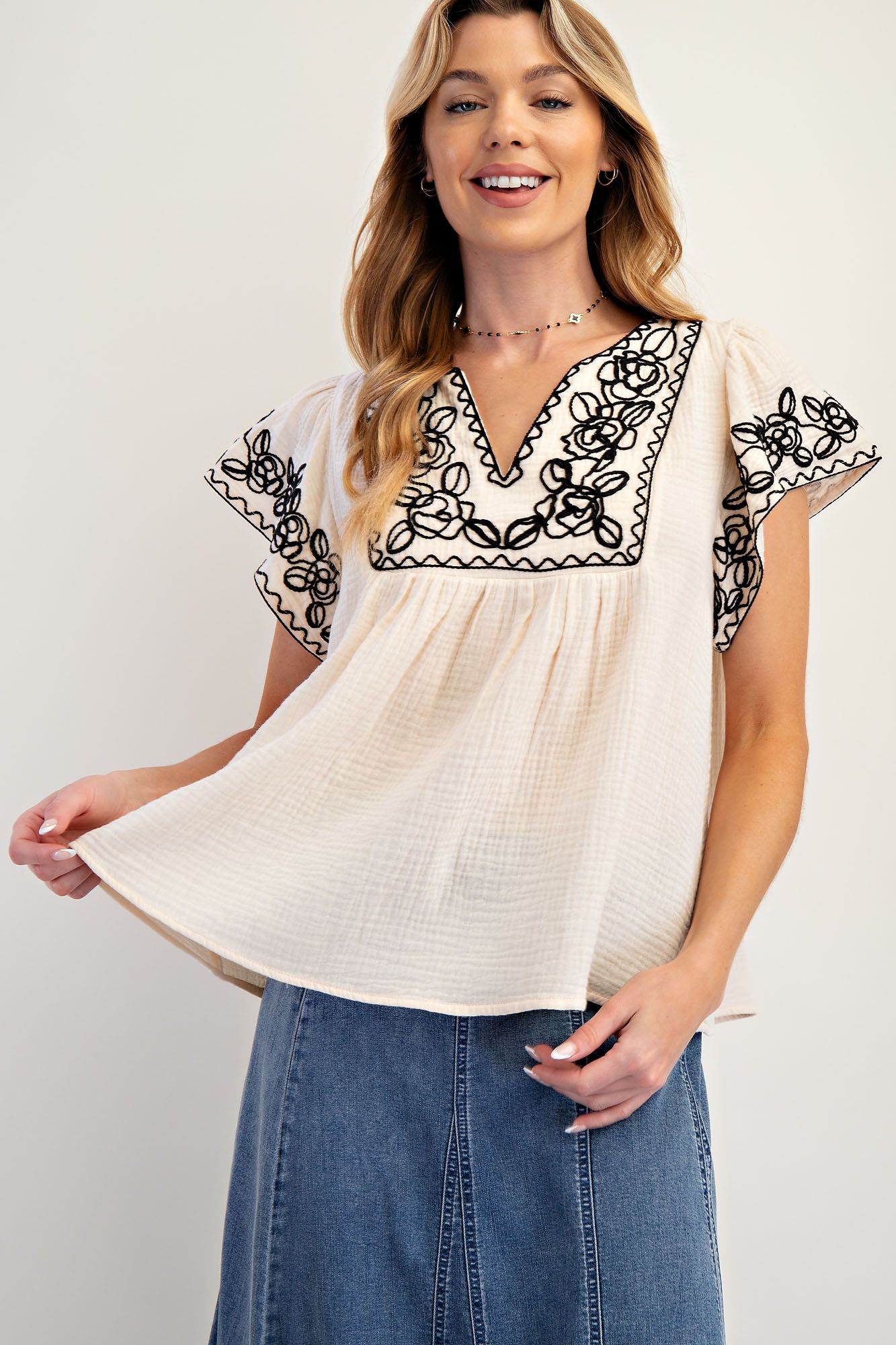 Embroidered Cotton Gauze Top (S-3X)