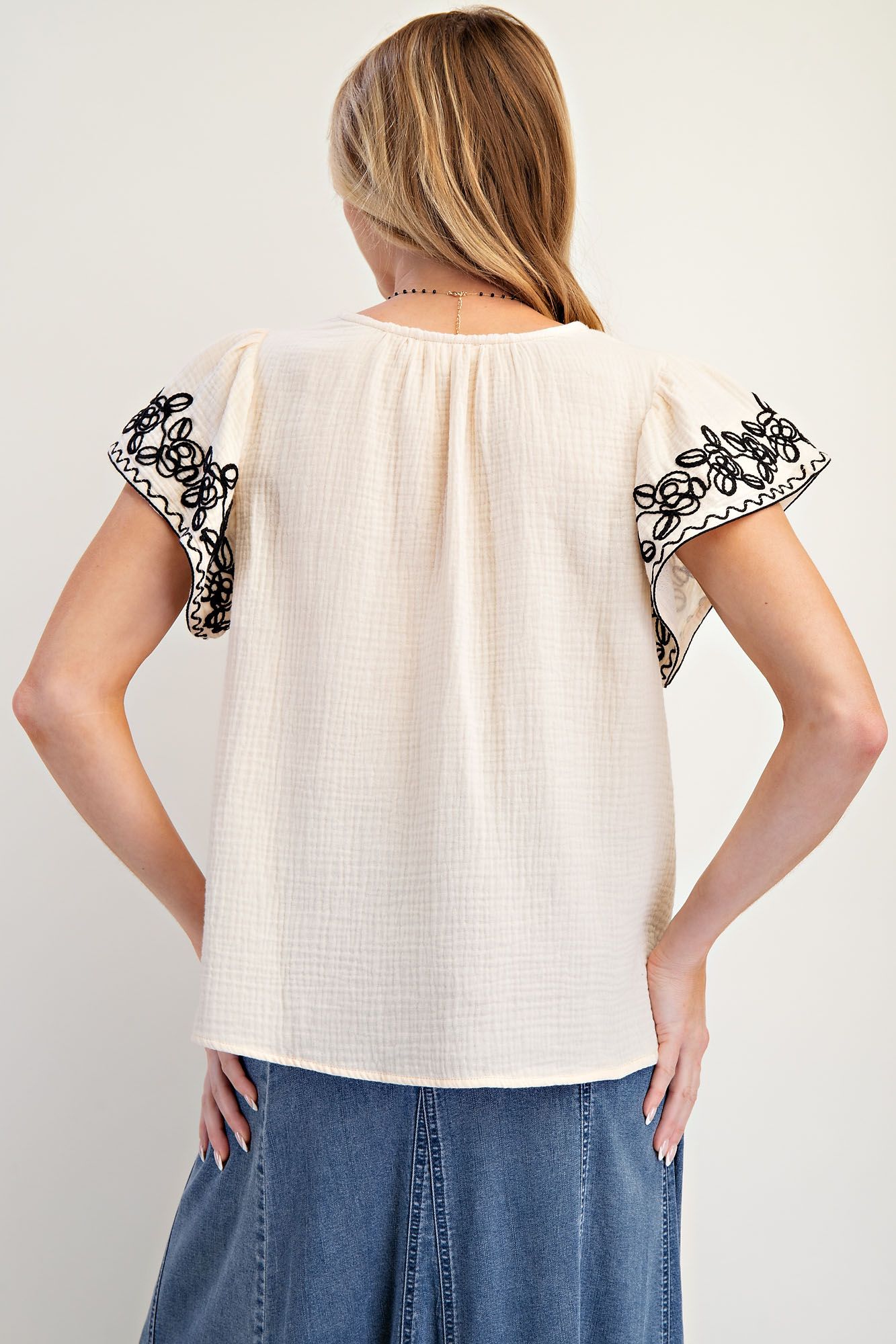 Embroidered Cotton Gauze Top (S-3X)