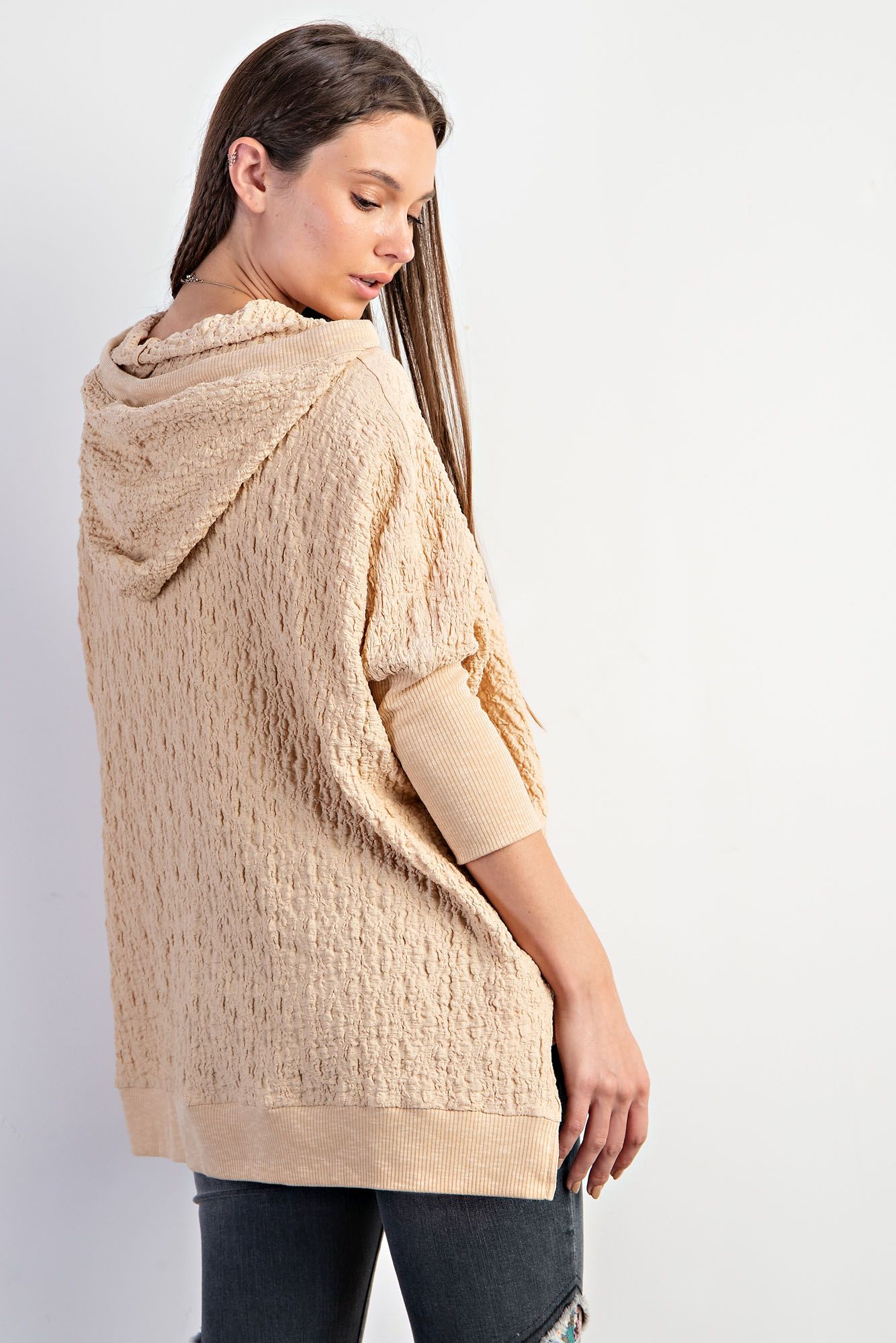 3/4 Sleeve Textured Knit Hoodie Pullover