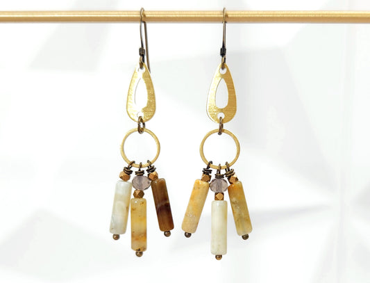 Brown Agate Textured Brass Chandelier Earring