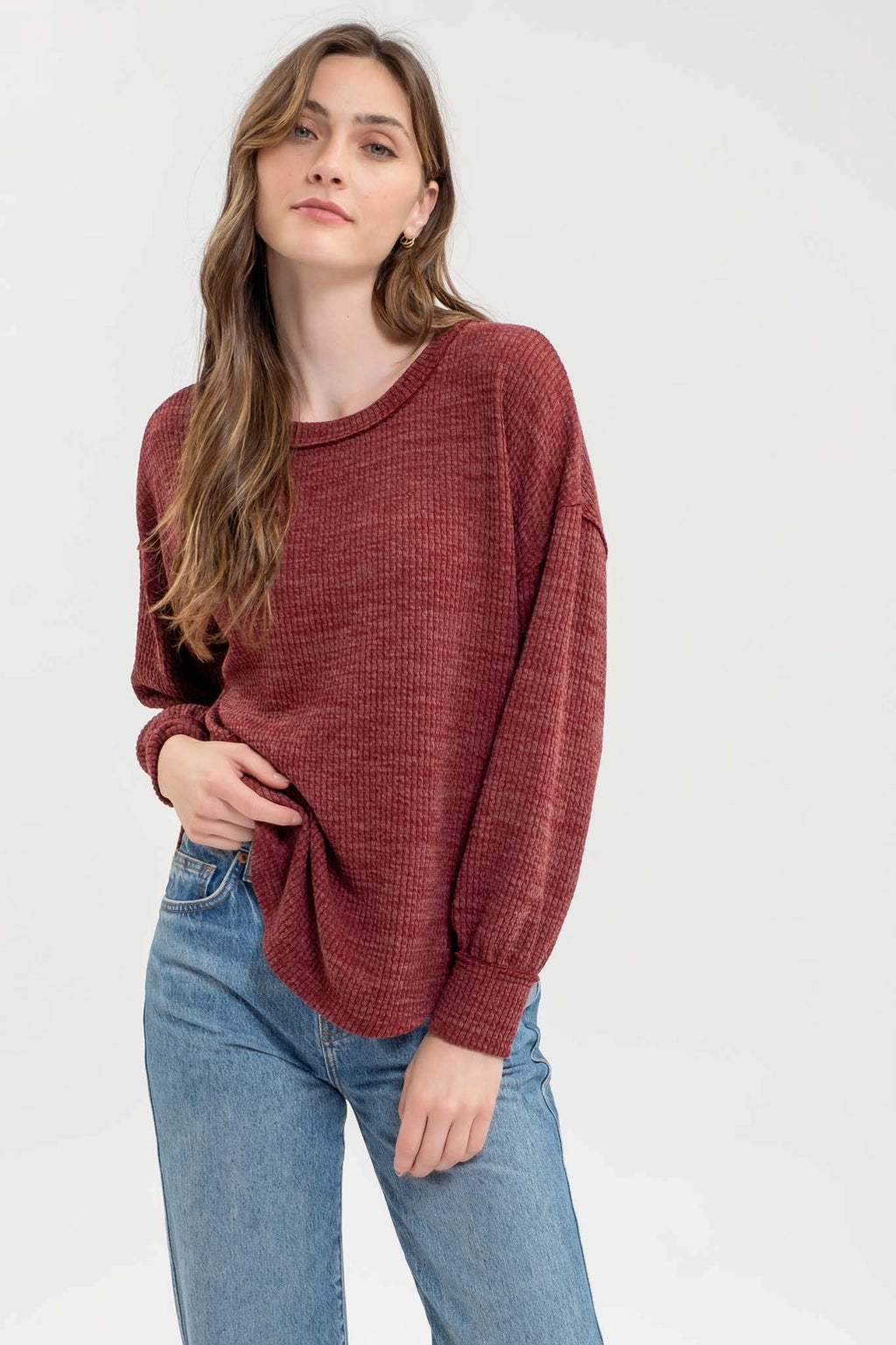 Drop Shoulder Long Sleeve Sweater Knit Top