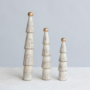 Carved Mango Wood Trees w/ Gold Ball Top, Distressed Cream Color