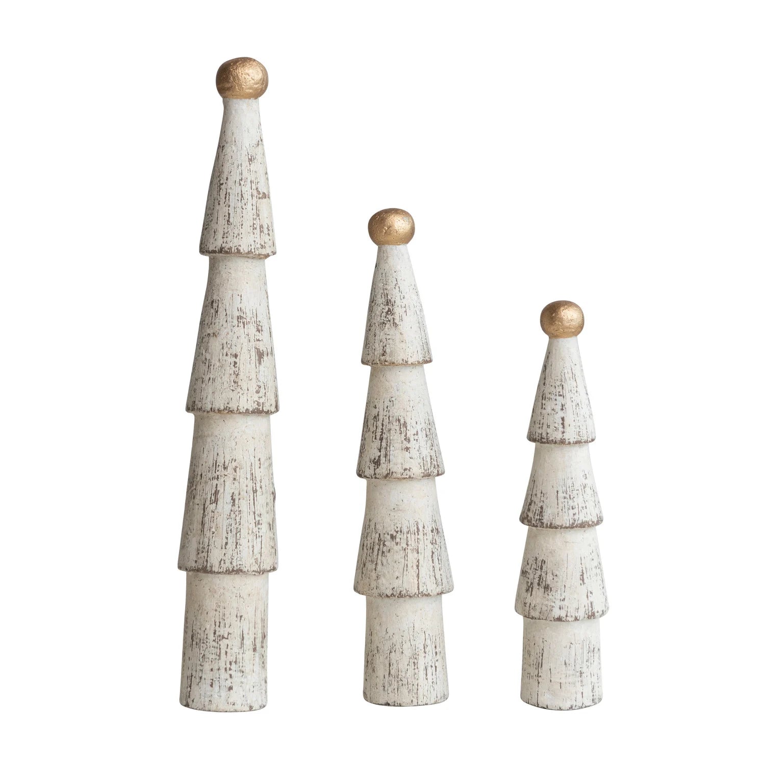 Carved Mango Wood Trees w/ Gold Ball Top, Distressed Cream Color