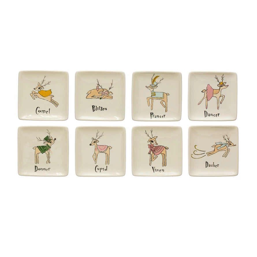 4" Square Stoneware Dish w/ Santa's Reindeer