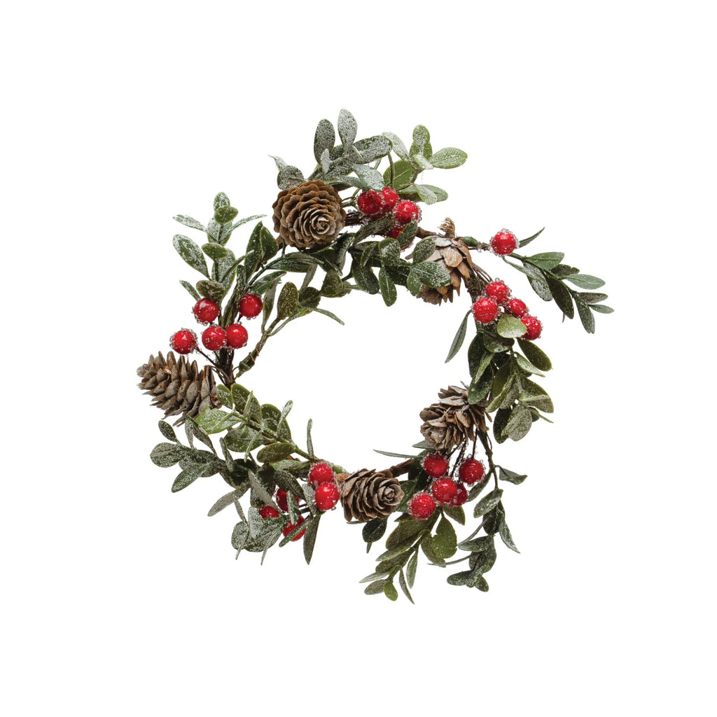 4" Round Faux Boxwood Wreath w/ Natural Pinecones & Red Berries, Snow Finish