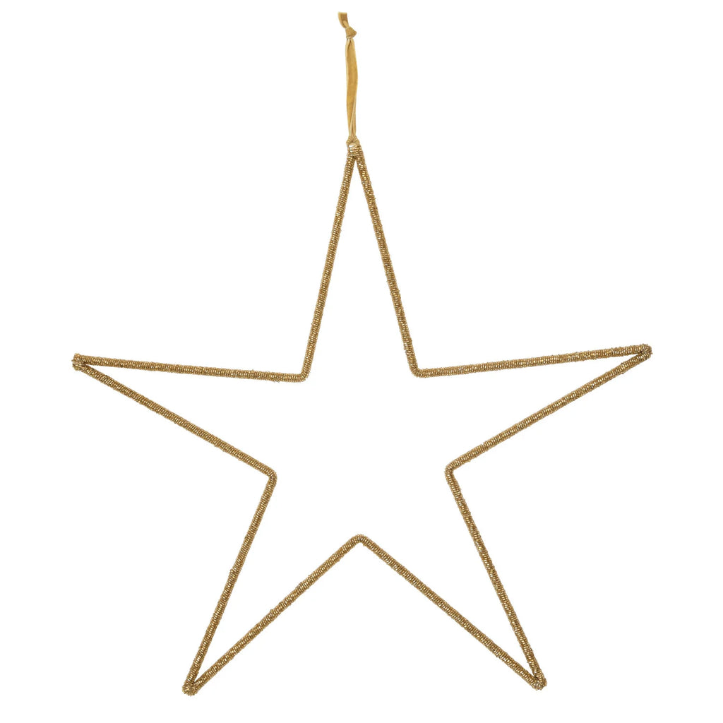 20"W x 20"H Hanging Metal & Glass Bead Star w/ Cotton Velvet Ribbon, Gold Finish