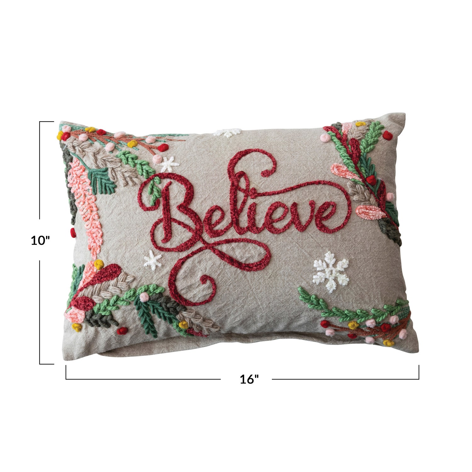 Embroidered Lumbar Pillow w/ Snowflakes & Foliage "Believe"