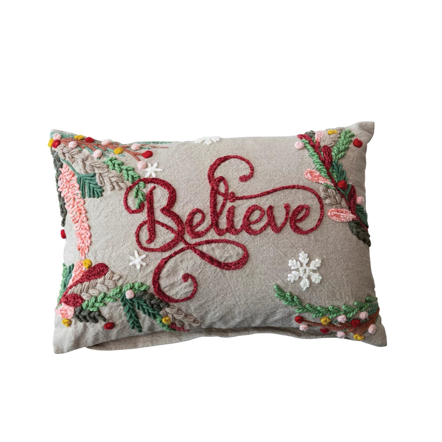 Embroidered Lumbar Pillow w/ Snowflakes & Foliage "Believe"