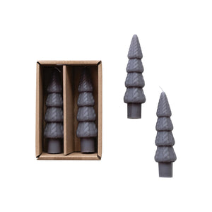 Unscented Tree Shaped Taper Candles in Box, Pewter Color, Set of 2