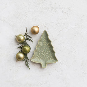 Stoneware Tree Shaped Plate, Matte Reactive Glaze, Green