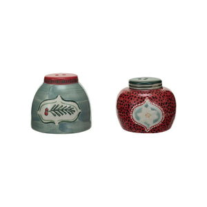 Hand-Painted Stoneware Salt & Pepper Shakers w/ Holly & Ornament, Set of 2