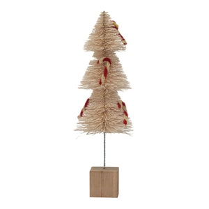 Sisal Bottle Brush Tree w/ Chenille Candy Cane & Wood Base, Natural, White & Red