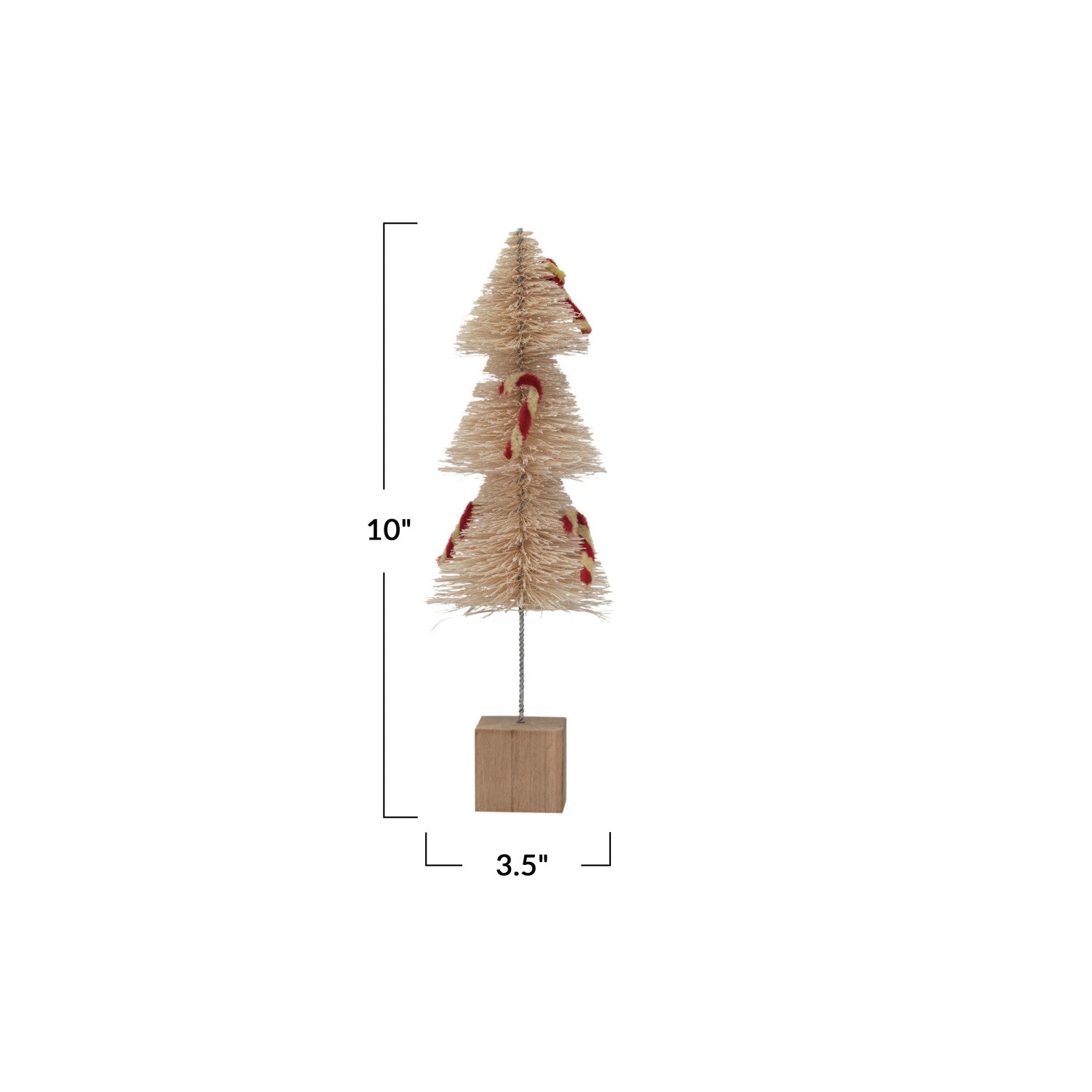 Sisal Bottle Brush Tree w/ Chenille Candy Cane & Wood Base, Natural, White & Red