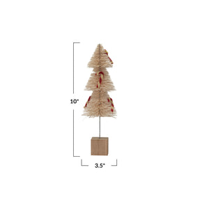 Sisal Bottle Brush Tree w/ Chenille Candy Cane & Wood Base, Natural, White & Red