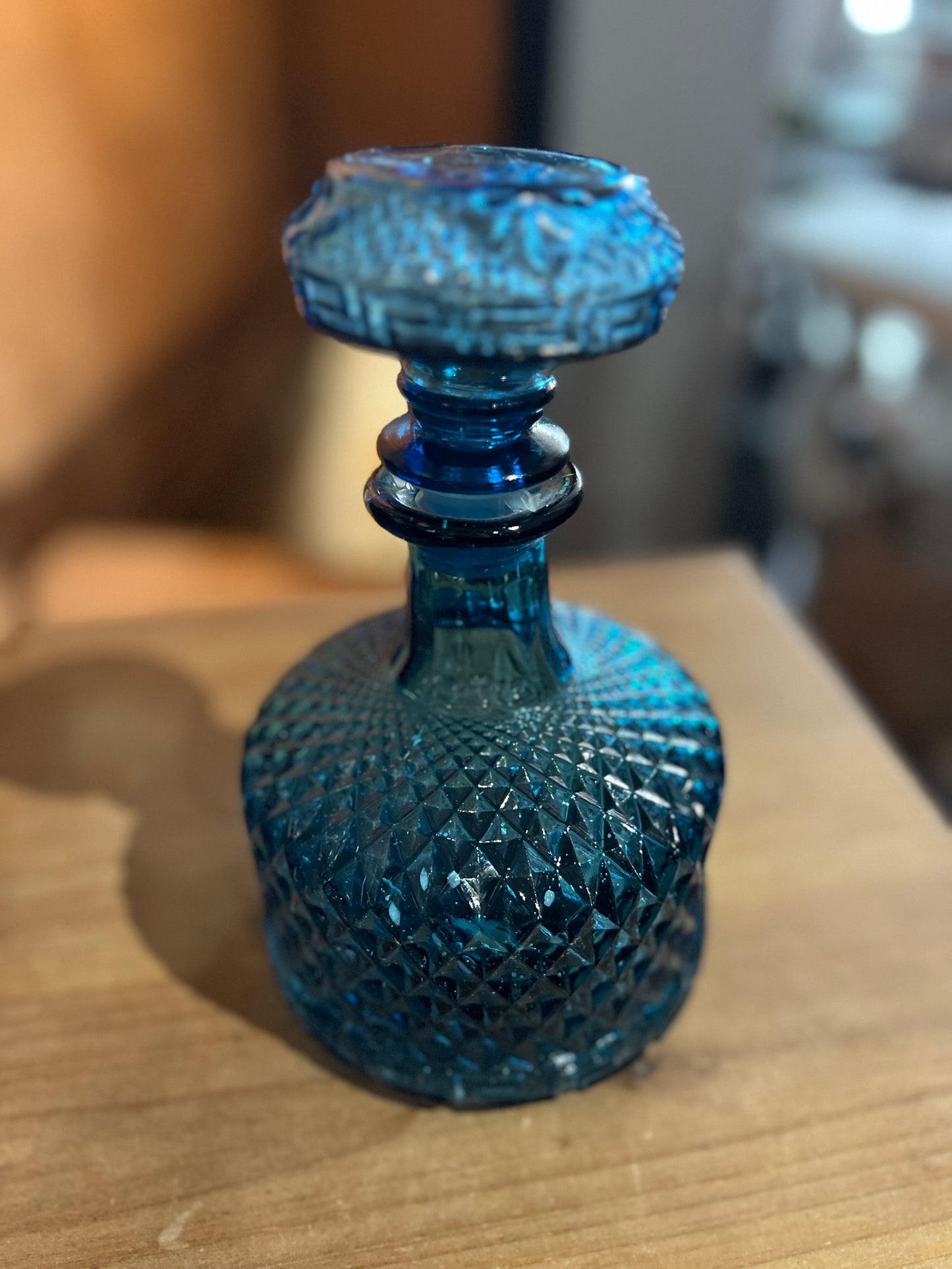 Blue Pressed Glass Bottle with Stopper