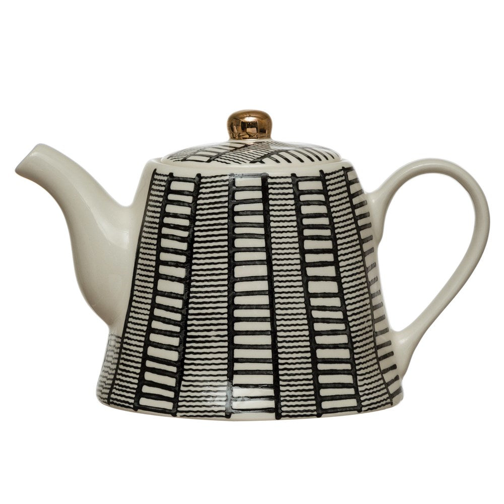 Stoneware Teapot w/ Pattern & Gold Electroplating, Black & White