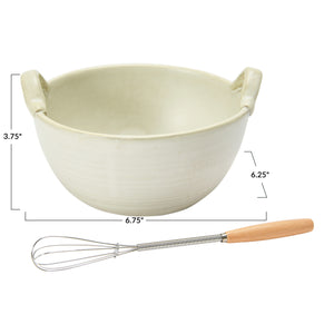 Stoneware Bowl, Wood and Metal Whisk, Set of 2