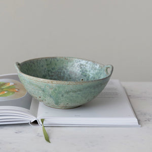 Stoneware Berry Bowl w/ Handles, Aqua