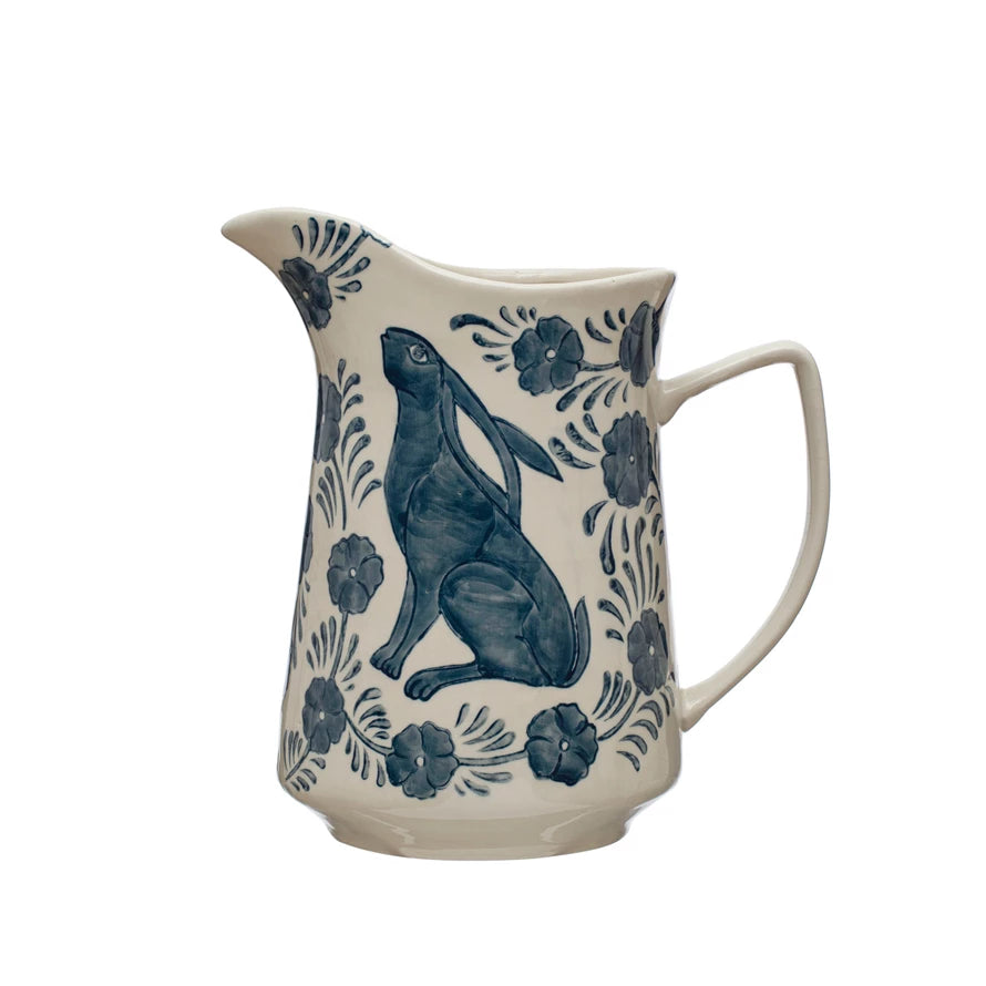 Stoneware Pitcher w/ Rabbit & Flowers