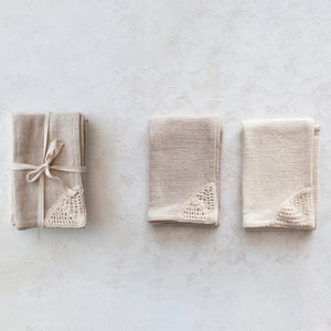 Woven Cotton Tea Towels w/ Crochet Corner set of 2