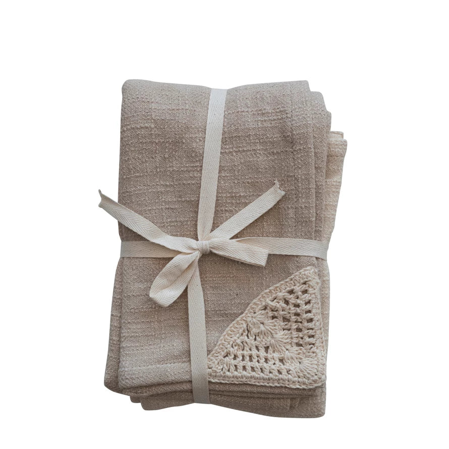 Woven Cotton Tea Towels w/ Crochet Corner set of 2