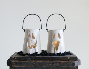 Ceramic Lantern w/ Ghost Face & Metal Handle