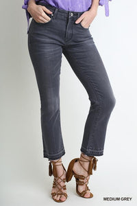 Grey 5 Pocket Mid Rise Cropped Kick Flare Jean with Raw Unfinished Hem