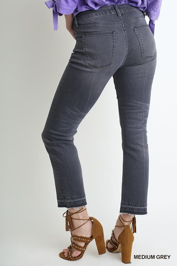 Grey 5 Pocket Mid Rise Cropped Kick Flare Jean with Raw Unfinished Hem