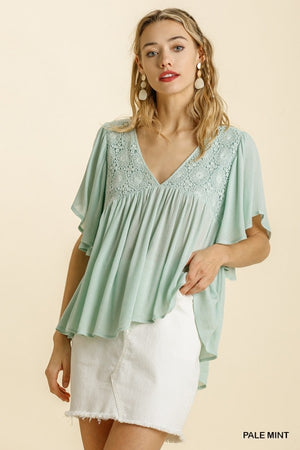 V-Neck Embroidered Detail Ruffle Babydoll Top